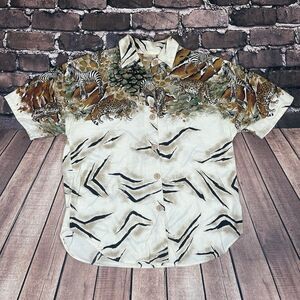 VTG Denim Republic Safari Animal Print Button Up Womens Short Sleeve Shirt Large
